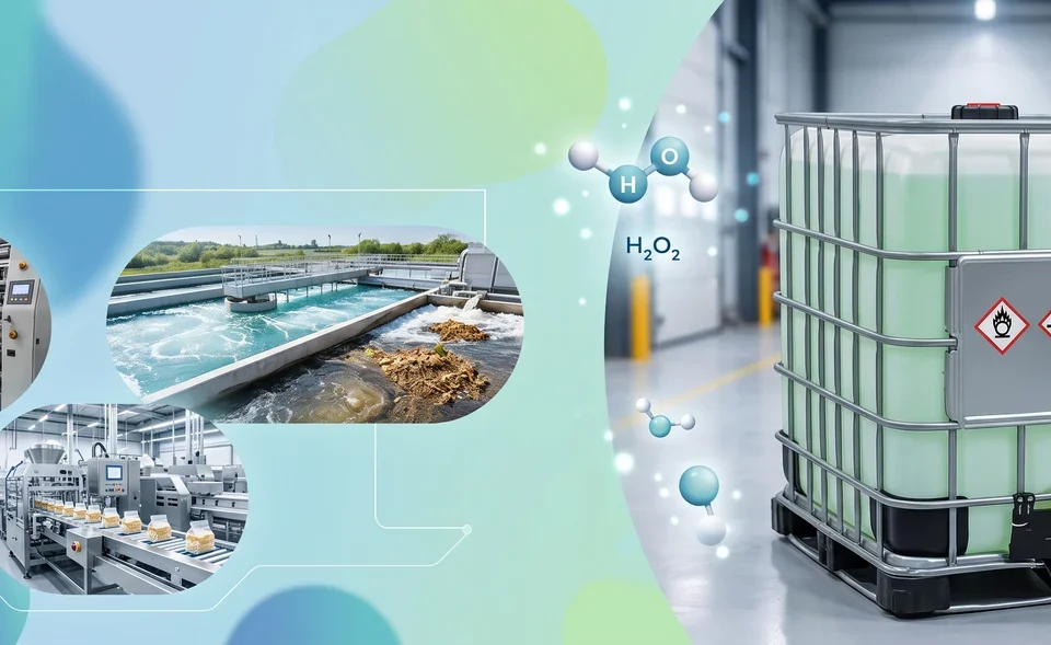 Nouryon marka endüstriyel hidrojen peroksit (H₂O₂) IBC tankı ve tekstil, su arıtma, gıda ambalaj sanayisindeki kullanım alanları.